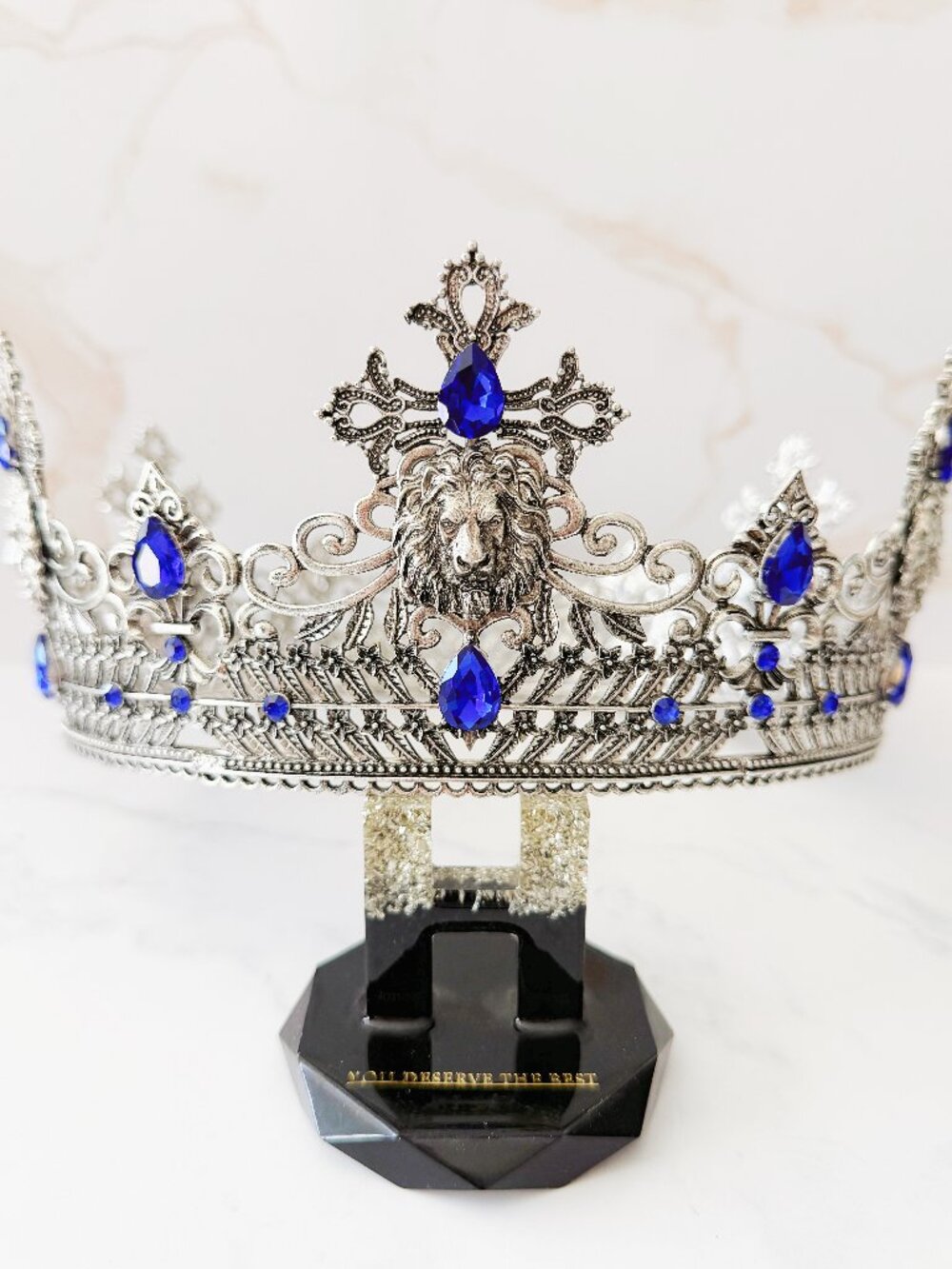 Silver Lion King Crown Blue Crystal Cross Medieval Royal Cosplay Wedding Prom